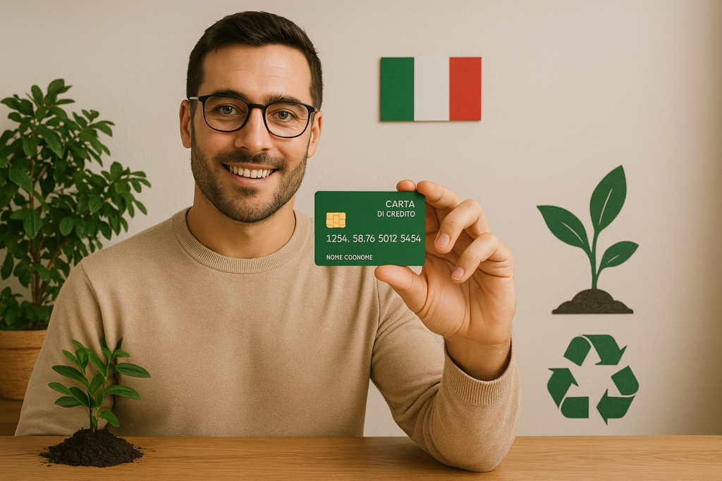 O ChatGPT disse: Un uomo sorridente di circa 30 anni, con carnagione chiara, capelli castano scuro corti e barba curata, indossa occhiali e un maglione beige mentre mostra una carta di credito verde verso la fotocamera. Sullo sfondo, su un tavolo in legno chiaro, si trovano una piccola pianta in vaso, il simbolo del riciclo integrato in un elemento decorativo e una piccola bandiera dell’Italia, creando un ambiente minimalista ed ecologico. L’illuminazione soffusa rafforza il tono naturale e sostenibile dell’immagine.