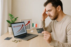 Un uomo sui trent’anni, con capelli castano scuro corti e barba curata, è seduto a un tavolo in legno chiaro mentre osserva attentamente i dati sull’inflazione sullo schermo di un computer portatile. Sul tavolo sono presenti una carta di credito blu scuro, alcune monete in euro, una piccola bandiera dell’Italia e una pianta in vaso che aggiunge un tocco naturale alla scena. L’ambiente è luminoso e ordinato, trasmettendo un’atmosfera realistica e riflessiva sul tema del costo dei prestiti e delle carte di credito in Italia.