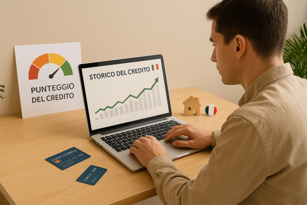 Un giovane uomo con capelli castani corti è seduto a una scrivania di legno chiaro, concentrato mentre guarda lo schermo del suo computer portatile. Sullo schermo si vede un grafico intitolato "STORICO DEL CREDITO", indicando che sta analizzando il proprio punteggio di credito. Accanto al laptop ci sono una carta di credito, fogli con grafici finanziari e una piccola casetta di legno, simbolo di stabilità e obiettivi futuri. L'ambiente è ordinato e luminoso, con toni neutri e un'atmosfera professionale, arricchita da un piccolo accento italiano che richiama il contesto nazionale.