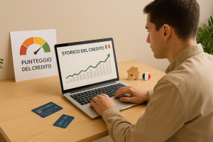 Un giovane uomo con capelli castani corti è seduto a una scrivania di legno chiaro, concentrato mentre guarda lo schermo del suo computer portatile. Sullo schermo si vede un grafico intitolato "STORICO DEL CREDITO", indicando che sta analizzando il proprio punteggio di credito. Accanto al laptop ci sono una carta di credito, fogli con grafici finanziari e una piccola casetta di legno, simbolo di stabilità e obiettivi futuri. L'ambiente è ordinato e luminoso, con toni neutri e un'atmosfera professionale, arricchita da un piccolo accento italiano che richiama il contesto nazionale.