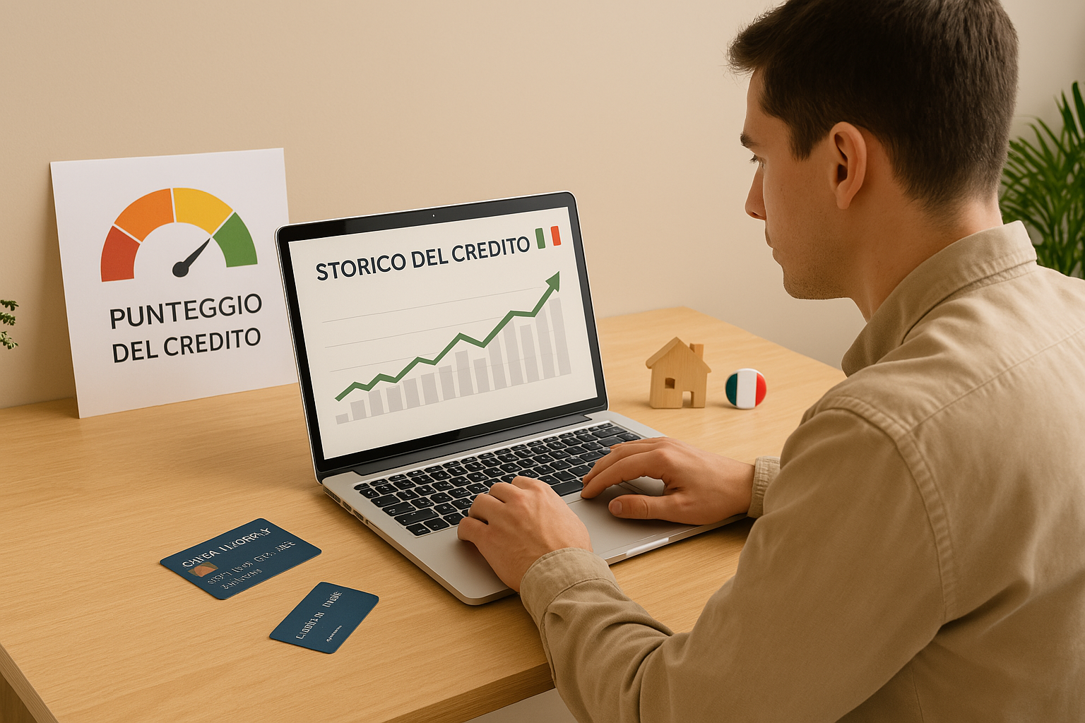 Un giovane uomo con capelli castani corti è seduto a una scrivania di legno chiaro, concentrato mentre guarda lo schermo del suo computer portatile. Sullo schermo si vede un grafico intitolato "STORICO DEL CREDITO", indicando che sta analizzando il proprio punteggio di credito. Accanto al laptop ci sono una carta di credito, fogli con grafici finanziari e una piccola casetta di legno, simbolo di stabilità e obiettivi futuri. L'ambiente è ordinato e luminoso, con toni neutri e un'atmosfera professionale, arricchita da un piccolo accento italiano che richiama il contesto nazionale.