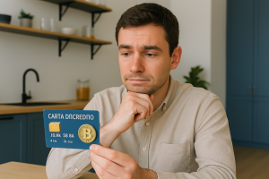 Un uomo sulla trentina con capelli castani corti e barba curata è seduto a un tavolo di legno chiaro in una cucina moderna e luminosa. Indossa una camicia beige e ha un’espressione riflessiva, mentre osserva una carta di credito blu per criptovalute che tiene in una mano. L’altra mano poggia sul mento, suggerendo che sta valutando una decisione importante. Sullo sfondo, mobili blu navy, piante ornamentali e scaffali minimalisti completano l’ambiente armonioso e ordinato, illuminato da una luce naturale soffusa.