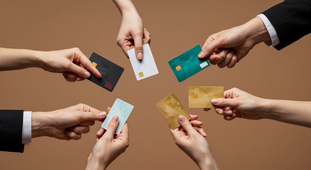 Un gruppo di mani che tengono diverse carte bancarie colorate su sfondo neutro, rappresentando le varie opzioni di pagamento disponibili: carte di debito, credito e revolving.