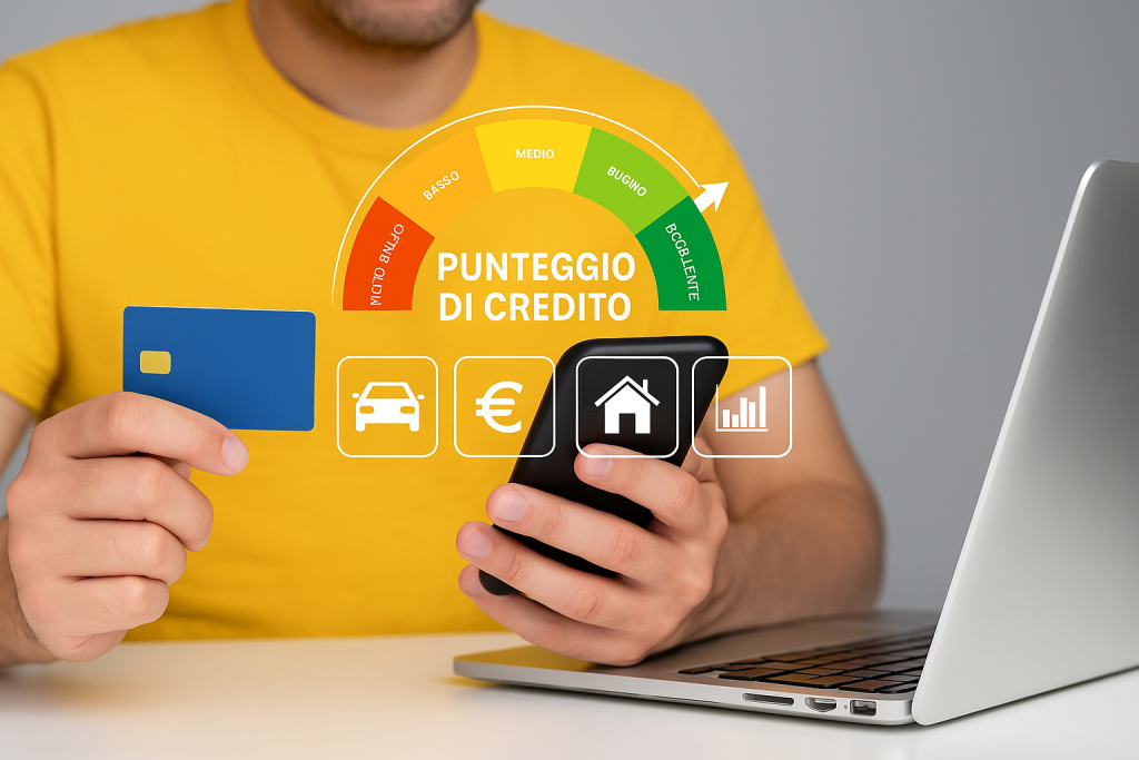 Un uomo seduto a una scrivania utilizza lo smartphone per controllare il proprio punteggio di credito, mentre tiene una carta di credito blu nell’altra mano. Sullo sfondo si vede un computer portatile aperto. L’immagine rappresenta l’importanza delle carte di credito nella gestione della salute finanziaria personale.