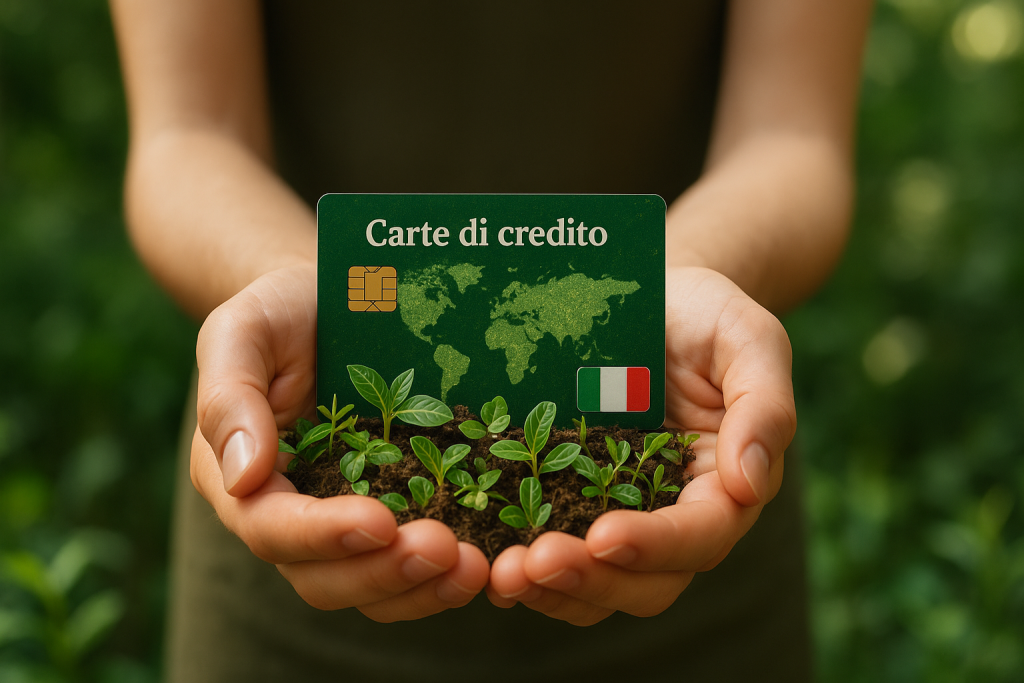 Alt: Mani nude che tengono delicatamente un mucchietto di terra con piantine verdi, da cui emerge una carta di credito verde con la scritta "Carte di credito" e una bandiera italiana, simboleggiando l’impegno ecologico dei prodotti finanziari sostenibili.
