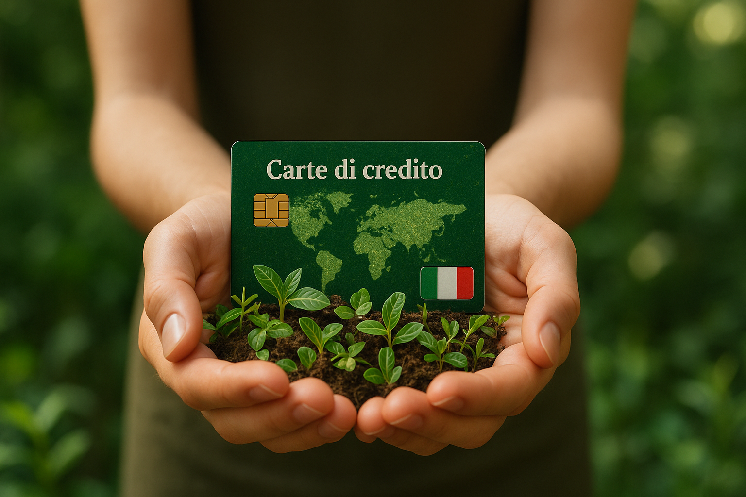 Alt: Mani nude che tengono delicatamente un mucchietto di terra con piantine verdi, da cui emerge una carta di credito verde con la scritta "Carte di credito" e una bandiera italiana, simboleggiando l’impegno ecologico dei prodotti finanziari sostenibili.