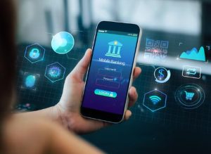 Utente che accede a un'app di mobile banking su smartphone, circondato da icone digitali interattive, rappresentazione moderna dell’evoluzione dei servizi offerti dalle banche digitali.
