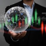 Imprenditore che regge un globo virtuale circondato da grafici finanziari, simbolo della diversificazione internazionale e delle strategie di investimento globali.