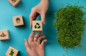 Mani che tengono un blocco di legno con il simbolo del riciclo accanto a una pianta verde, rappresentando il concetto di investimenti sostenibili legati alla tutela ambientale e alle pratiche ecologiche.