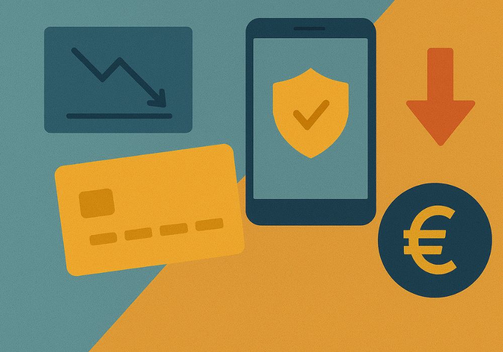 Ilustração digital abstrata em estilo flat sobre controle de gastos de adolescentes com cartões. No fundo dividido em azul e laranja, aparecem elementos visuais: um cartão amarelo, um smartphone com ícone de escudo e check, um gráfico em queda, um círculo com o símbolo do euro e uma seta vermelha apontando para baixo.
