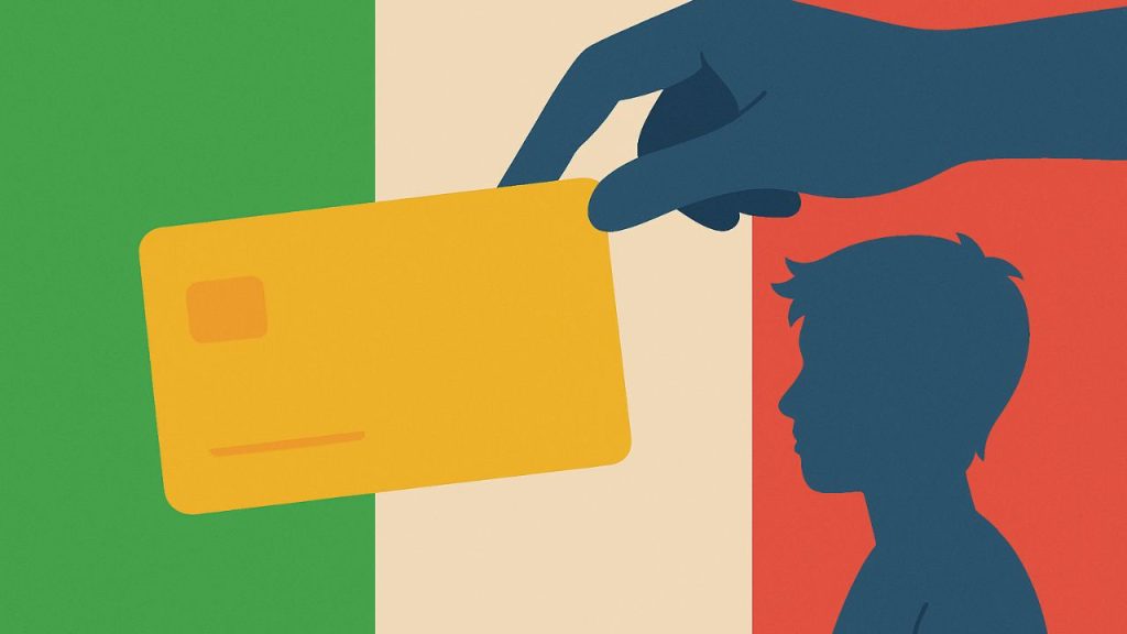 Ilustração digital mostrando uma mão em tom claro segurando um cartão estilizado, sem textos. Ao fundo, aparece a bandeira da Itália em cores vivas (verde, branco e vermelho), com elementos geométricos modernos que sugerem controle e monitoramento de gastos. Estilo minimalista e limpo.