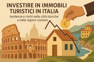 Illustrazione in stile piatto sui toni caldi che promuove un tema finanziario. In alto, grande titolo in italiano: “Investire in immobili turistici in Italia”, con sottotitolo “tendenze e rischi nelle città storiche e nelle regioni costiere”. A sinistra appare il Colosseo e, sullo sfondo, la sagoma di una cupola monumentale che richiama una città storica italiana. Al centro c’è una casa con tetto rosso attraversata da una linea grafica nera in discesa, simbolo di volatilità o rischio di mercato. In alto a destra una mano stilizzata inserisce una moneta con il simbolo dell’euro sopra la casa, rappresentando l’investimento. A destra si vede un paesaggio costiero con mare, scogliere verdi e case color pastello, evocando le regioni litoranee italiane. Non ci sono persone reali, solo elementi illustrati.