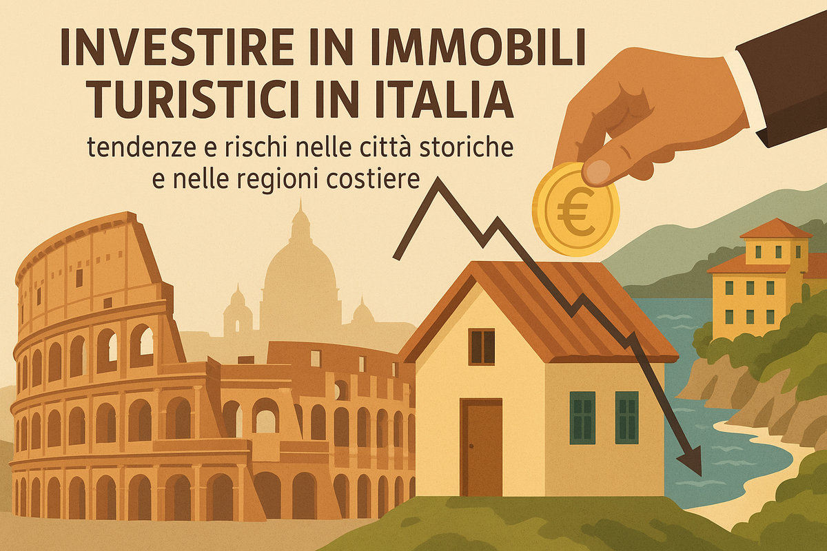 Illustrazione in stile piatto sui toni caldi che promuove un tema finanziario. In alto, grande titolo in italiano: “Investire in immobili turistici in Italia”, con sottotitolo “tendenze e rischi nelle città storiche e nelle regioni costiere”. A sinistra appare il Colosseo e, sullo sfondo, la sagoma di una cupola monumentale che richiama una città storica italiana. Al centro c’è una casa con tetto rosso attraversata da una linea grafica nera in discesa, simbolo di volatilità o rischio di mercato. In alto a destra una mano stilizzata inserisce una moneta con il simbolo dell’euro sopra la casa, rappresentando l’investimento. A destra si vede un paesaggio costiero con mare, scogliere verdi e case color pastello, evocando le regioni litoranee italiane. Non ci sono persone reali, solo elementi illustrati.