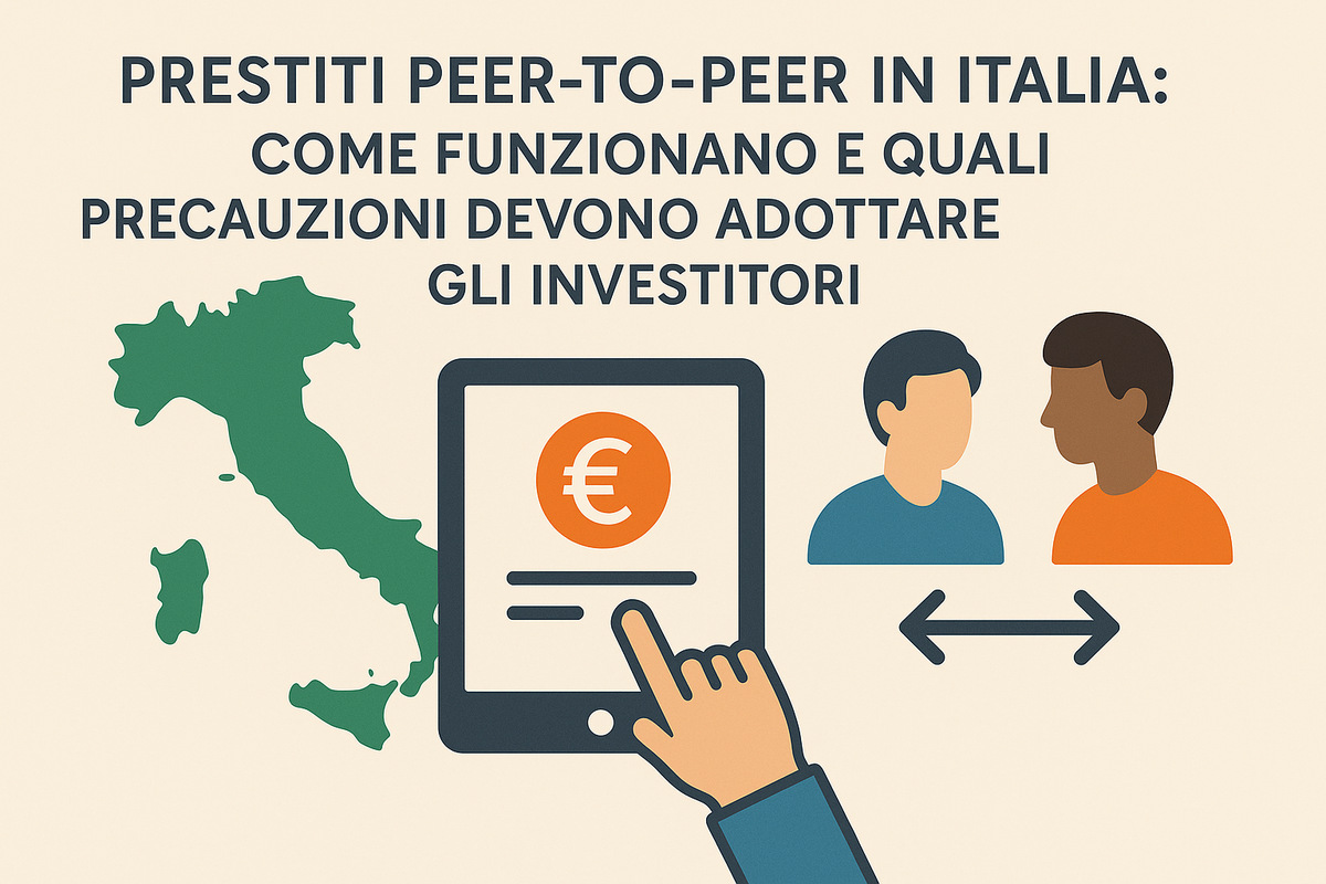 Illustrazione grafica in stile piatto con sfondo chiaro. In alto, grande titolo in italiano: “Prestiti peer-to-peer in Italia: come funzionano e quali precauzioni devono adottare gli investitori”. A sinistra c’è una sagoma verde della mappa dell’Italia. Al centro appare un grande smartphone o tablet con un’icona arancione dell’euro sullo schermo e linee che suggeriscono un’interfaccia di pagamento; una mano stilizzata sta toccando lo schermo, indicando un’operazione digitale. A destra ci sono due figure umane semplificate e senza tratti realistici (una con maglia blu e l’altra arancione) separate da una doppia freccia orizzontale, simbolo dello scambio diretto tra persone. Non ci sono persone reali, solo personaggi illustrati.
