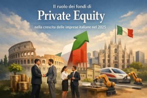 Illustrazione sul ruolo dei fondi di private equity nella crescita delle imprese italiane nel 2025, con due uomini in giacca e cravatta che si stringono la mano davanti al Colosseo, simbolo di accordi e investimenti. Al centro compaiono un grafico in crescita nei colori della bandiera italiana e professionisti che discutono documenti, a rappresentare strategie e supporto manageriale. Sullo sfondo si vedono il Duomo di Milano, una bandiera italiana, un treno ad alta velocità e bracci robotici industriali, che richiamano infrastrutture, innovazione e sviluppo del settore manifatturiero. Monete impilate in primo piano sottolineano capitale e rendimento.