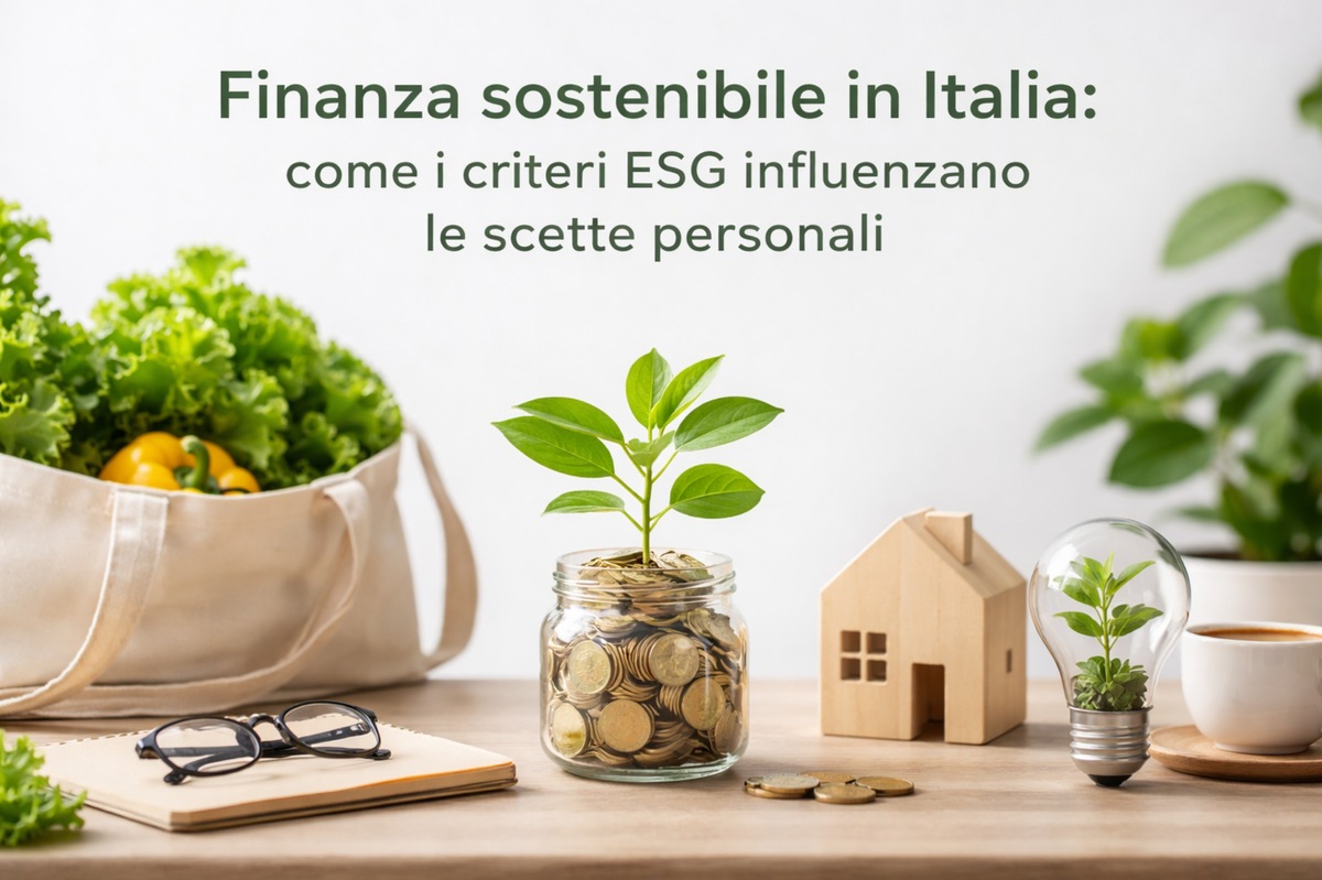 Immagine di copertina sulla finanza sostenibile in Italia, con il titolo “Finanza sostenibile in Italia: come i criteri ESG influenzano le scelte personali”. Su un tavolo sono disposti oggetti che richiamano risparmio e sostenibilità: un barattolo di vetro pieno di monete con una piantina verde che cresce in cima, un modellino di casa in legno, una lampadina con una piccola pianta all’interno e alcune monete sparse. A sinistra si vede una borsa di tela con verdure fresche e un quaderno con occhiali, mentre a destra compare una tazza di caffè e piante sullo sfondo, suggerendo scelte quotidiane orientate a impatto ambientale e responsabilità