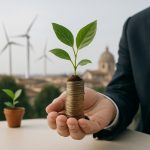 Primo piano di una mano che regge una pila di monete in euro da cui germoglia una piccola pianta verde, con turbine eoliche e architettura italiana sfocata sullo sfondo, a simboleggiare l’investimento sostenibile e la crescita delle start-up di tecnologia verde in Italia.