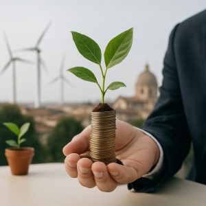Primo piano di una mano che regge una pila di monete in euro da cui germoglia una piccola pianta verde, con turbine eoliche e architettura italiana sfocata sullo sfondo, a simboleggiare l’investimento sostenibile e la crescita delle start-up di tecnologia verde in Italia.