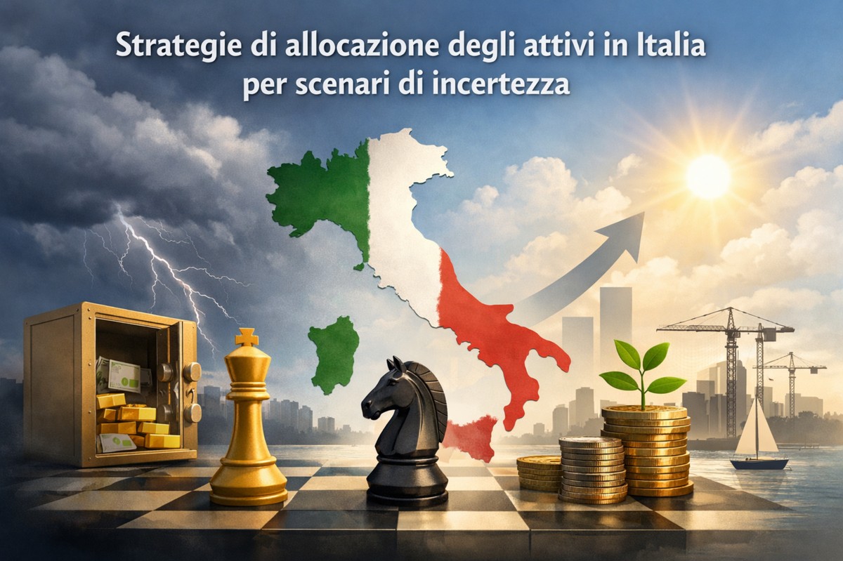 Illustrazione concettuale sulle strategie di allocazione degli attivi in Italia in un contesto di incertezza economica. Al centro, la mappa dell’Italia colorata con il tricolore italiano. In primo piano, una scacchiera con pezzi degli scacchi che simboleggiano strategia e decisioni finanziarie. A sinistra, una cassaforte aperta con lingotti d’oro sotto un cielo tempestoso con fulmini, rappresentando il rischio. A destra, pile di monete d’oro con una giovane pianta che cresce, un grafico con freccia ascendente e un cielo soleggiato, simboli di crescita, stabilità e prospettive positive. Sullo sfondo, un paesaggio urbano con gru e um barco a vela, evocando sviluppo e investimento.