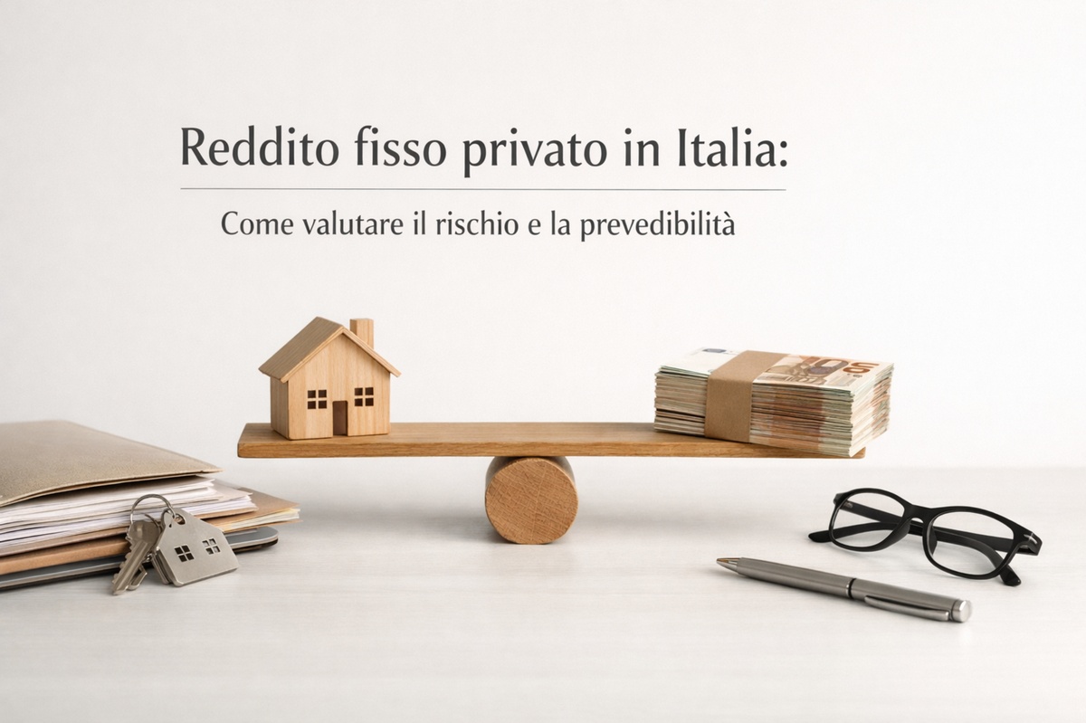 Composizione visiva sul reddito fisso privato in Italia. Al centro dell’immagine, una bilancia in legno che rappresenta l’equilibrio tra rischio e prevedibilità: su un lato una piccola casa in legno, simbolo di investimenti stabili e beni reali, e sull’altro una pila di banconote, simbolo di liquidità e rendimento finanziario. In primo piano sono visibili documenti, chiavi di una casa, una penna e un paio di occhiali, elementi che richiamano analisi finanziaria, pianificazione e decisioni di investimento consapevoli. Sullo sfondo, uno spazio minimale e luminoso che comunica ordine, trasparenza e affidabilità.