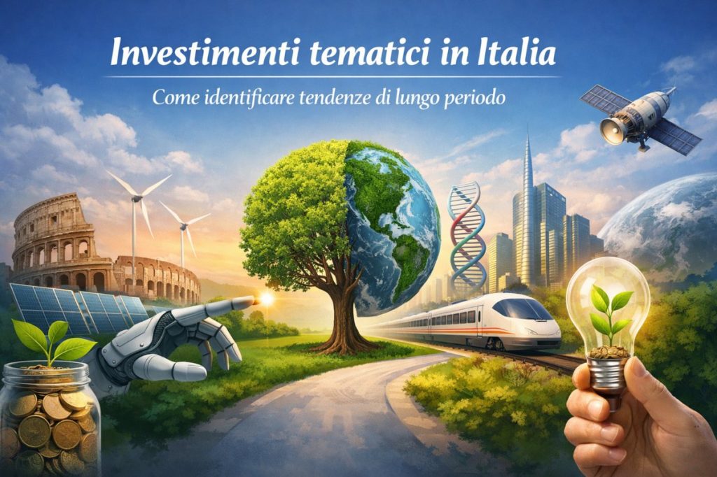 Illustrazione concettuale sugli investimenti tematici in Italia e sull’identificazione di tendenze di lungo periodo. La scena raffigura un paesaggio futuristico con elementi simbolici dell’innovazione e della sostenibilità: un albero che cresce al centro del pianeta Terra, pannelli solari, turbine eoliche, un treno ad alta velocità e una città moderna sullo sfondo. Sono presenti riferimenti alla tecnologia e alla scienza, come una mano robotica, una doppia elica del DNA e un satellite nello spazio. In primo piano, una mano umana tiene una lampadina con una pianta al suo interno, rappresentando idee, crescita e investimenti sostenibili. Il testo “Investimenti tematici in Italia: come identificare tendenze di lungo periodo” rafforza il messaggio di visione strategica e orientamento al futuro.