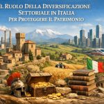 Illustrazione concettuale sul ruolo della diversificazione settoriale in Italia per proteggere il patrimonio. L’immagine raffigura un paesaggio italiano che unisce elementi storici e moderni: un borgo medievale in pietra, rovine romane, libri antichi e un forziere colmo di monete d’oro a simboleggiare la ricchezza e la conservazione del valore. Sullo sfondo compaiono campi agricoli, impianti industriali, turbine eoliche, una città moderna con grattacieli, un treno ad alta velocità e le Alpi, rappresentando la varietà dei settori economici italiani. La bandiera italiana è visibile in primo piano. In alto, il titolo recita: “Il Ruolo Della Diversificazione Settoriale In Italia Per Proteggere Il Patrimonio”. L’immagine comunica equilibrio, resilienza economica e protezione del patrimonio attraverso la diversificazione.