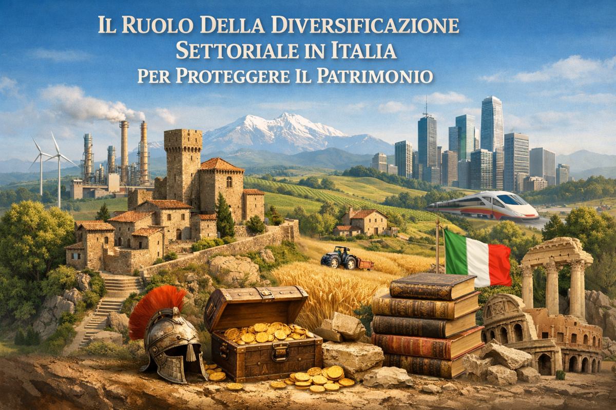 Illustrazione concettuale sul ruolo della diversificazione settoriale in Italia per proteggere il patrimonio. L’immagine raffigura un paesaggio italiano che unisce elementi storici e moderni: un borgo medievale in pietra, rovine romane, libri antichi e un forziere colmo di monete d’oro a simboleggiare la ricchezza e la conservazione del valore. Sullo sfondo compaiono campi agricoli, impianti industriali, turbine eoliche, una città moderna con grattacieli, un treno ad alta velocità e le Alpi, rappresentando la varietà dei settori economici italiani. La bandiera italiana è visibile in primo piano. In alto, il titolo recita: “Il Ruolo Della Diversificazione Settoriale In Italia Per Proteggere Il Patrimonio”. L’immagine comunica equilibrio, resilienza economica e protezione del patrimonio attraverso la diversificazione.