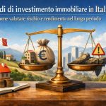 Illustrazione concettuale sui fondi di investimento immobiliare in Italia, raffigurante una bilancia dorata che confronta rendimento e rischio nel lungo periodo. Su un piatto della bilancia sono presenti edifici residenziali e un sacco di denaro con il simbolo dell’euro, mentre sull’altro compaiono elementi rocciosi e un segnale di avvertimento. Sullo sfondo si vedono il paesaggio italiano con la bandiera nazionale, una città moderna e il Colosseo, a simboleggiare il contesto economico e immobiliare italiano.