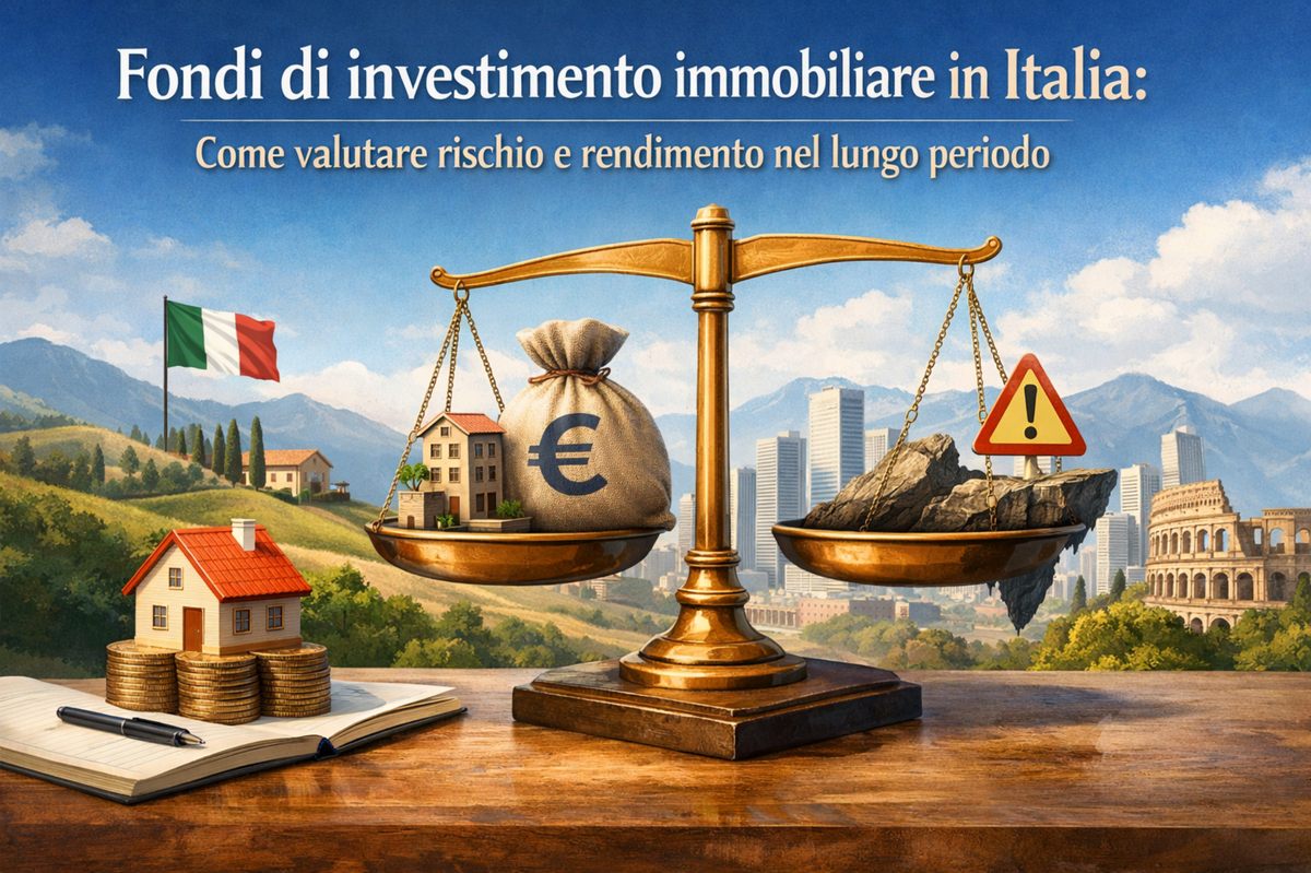 Illustrazione concettuale sui fondi di investimento immobiliare in Italia, raffigurante una bilancia dorata che confronta rendimento e rischio nel lungo periodo. Su un piatto della bilancia sono presenti edifici residenziali e un sacco di denaro con il simbolo dell’euro, mentre sull’altro compaiono elementi rocciosi e un segnale di avvertimento. Sullo sfondo si vedono il paesaggio italiano con la bandiera nazionale, una città moderna e il Colosseo, a simboleggiare il contesto economico e immobiliare italiano.