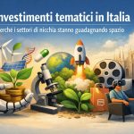 Illustrazione concettuale sugli investimenti tematici in Italia, che rappresenta la crescita dei settori di nicchia. L’immagine mostra elementi simbolici come energie rinnovabili con pale eoliche e pannelli solari, biotecnologia con una doppia elica del DNA e una pillola, innovazione tecnologica con un razzo in partenza, realtà virtuale con una persona seduta che indossa un visore VR, industria cinematografica con una bobina di film e sostenibilità ambientale con piante che crescono su monete. Sullo sfondo compaiono il Colosseo e il Duomo di Milano, a rappresentare il contesto italiano.