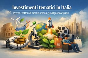 Illustrazione concettuale sugli investimenti tematici in Italia, che rappresenta la crescita dei settori di nicchia. L’immagine mostra elementi simbolici come energie rinnovabili con pale eoliche e pannelli solari, biotecnologia con una doppia elica del DNA e una pillola, innovazione tecnologica con un razzo in partenza, realtà virtuale con una persona seduta che indossa un visore VR, industria cinematografica con una bobina di film e sostenibilità ambientale con piante che crescono su monete. Sullo sfondo compaiono il Colosseo e il Duomo di Milano, a rappresentare il contesto italiano.