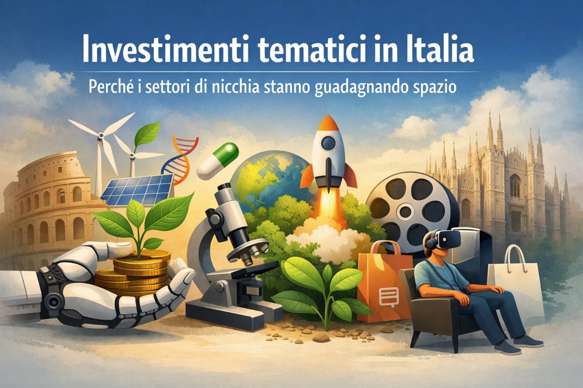 Illustrazione concettuale sugli investimenti tematici in Italia, che rappresenta la crescita dei settori di nicchia. L’immagine mostra elementi simbolici come energie rinnovabili con pale eoliche e pannelli solari, biotecnologia con una doppia elica del DNA e una pillola, innovazione tecnologica con un razzo in partenza, realtà virtuale con una persona seduta che indossa un visore VR, industria cinematografica con una bobina di film e sostenibilità ambientale con piante che crescono su monete. Sullo sfondo compaiono il Colosseo e il Duomo di Milano, a rappresentare il contesto italiano.