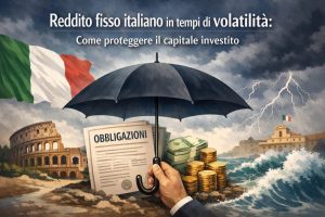 Illustrazione concettuale sul reddito fisso italiano in tempi di volatilità finanziaria. Al centro dell’immagine, una mano in abito formale tiene un grande ombrello nero aperto, simbolo di protezione del capitale. Sotto l’ombrello si trovano un documento con la scritta “Obbligazioni”, pile di banconote e monete d’oro. Sullo sfondo, il Colosseo a sinistra e un edificio istituzionale italiano a destra, entrambi circondati da un mare agitato con onde alte e fulmini nel cielo tempestoso. Una bandiera italiana sventola nel vento, rafforzando il riferimento al contesto economico italiano. L’immagine rappresenta la protezione degli investimenti obbligazionari italiani durante periodi di instabilità e turbolenza dei mercati finanziari.