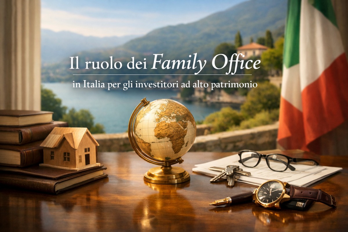 Immagine illustrativa sul ruolo dei family office in Italia per investitori ad alto patrimonio. In primo piano, su una scrivania in legno lucido, si trovano un mappamondo dorato, una piccola casa in legno appoggiata su alcuni libri rilegati, un orologio elegante con cinturino in pelle, una penna stilografica, un mazzo di chiavi e un paio di occhiali sopra alcuni documenti. Sullo sfondo si vede un paesaggio lacustre con montagne e una villa italiana affacciata sull’acqua, mentre sulla destra compare la bandiera italiana. In alto è presente il titolo: “Il ruolo dei Family Office in Italia per gli investitori ad alto patrimonio”. Non sono presenti persone reali nell’immagine.